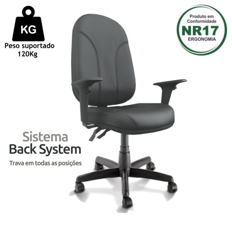 Cadeira Presidente PLUS BACK SYSTEM Baixa Costurada c/ Braços Reguláveis – Corino Preto – 32974 META Móveis para Escritório em Anápolis Presidente 4