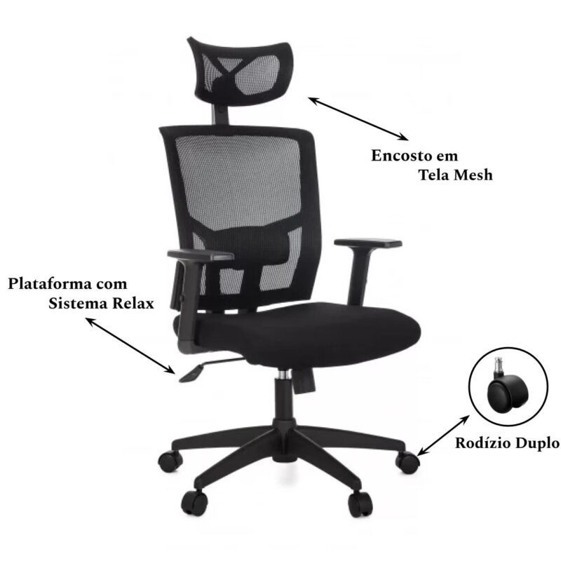 Poltrona Presidente Tela ANM-312P – C/ Encosto de Cabeça – Cor Preto – BLUME – 32981 META Móveis para Escritório em Anápolis Cadeira de Tela 4