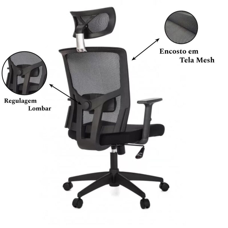 Poltrona Presidente Tela ANM-312P – C/ Encosto de Cabeça – Cor Preto – BLUME – 32981 META Móveis para Escritório em Anápolis Cadeira de Tela 3