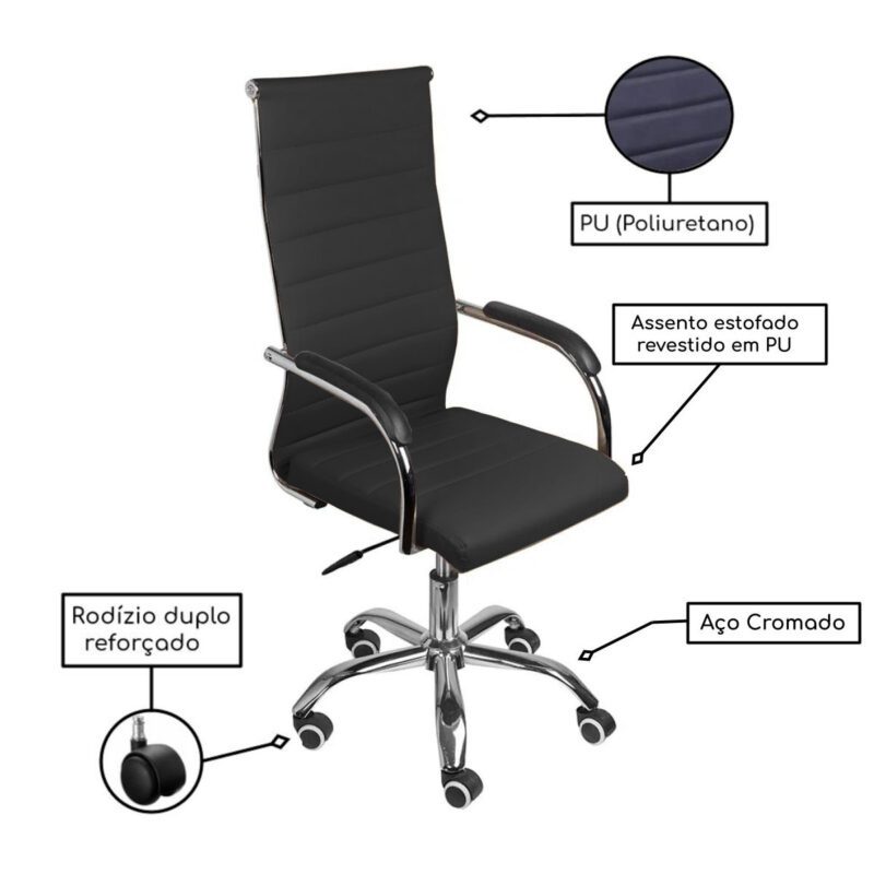 Cadeira de Escritório Florença Giratória – Base Cromada – COR PRETO 31089 META Móveis para Escritório em Anápolis Presidente 3