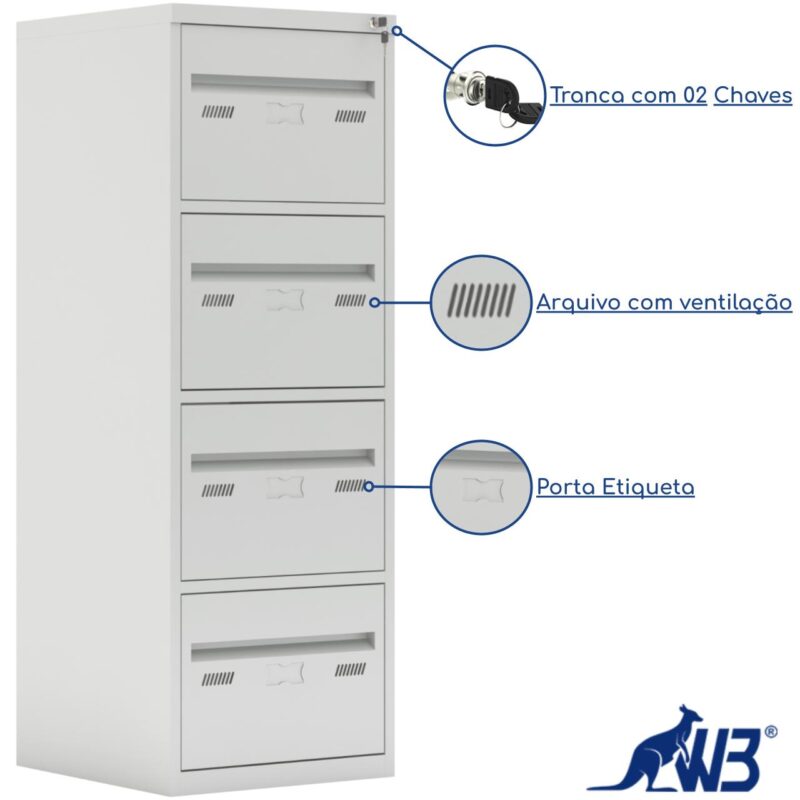 Arquivo de Aço 04 Gav. – CHAPA # 26- S/ TRILHO TELESC – (50cm) – 1,33×0,47×0,50m – CZ/CZ – W3 – 18000 META Móveis para Escritório em Anápolis Arquivo de Aço 3