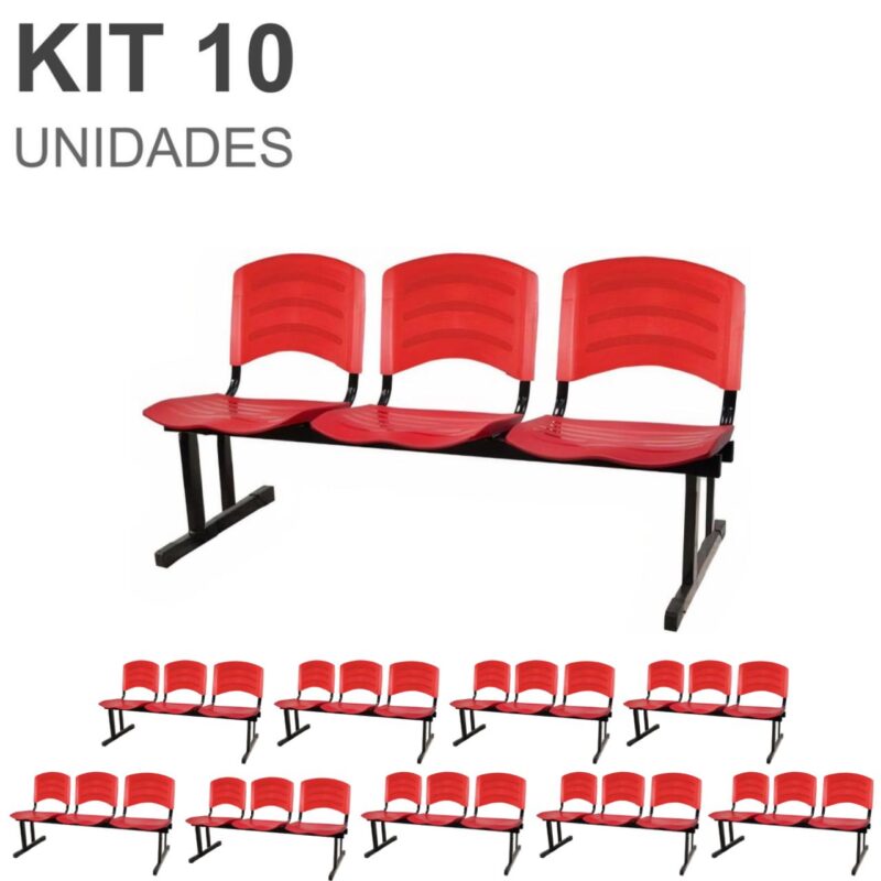 Kit 10 Cadeiras Longarinas PLÁSTICAS 03 Lugares – Cor Vermelho 33048 META Móveis para Escritório em Anápolis Longarinas 2