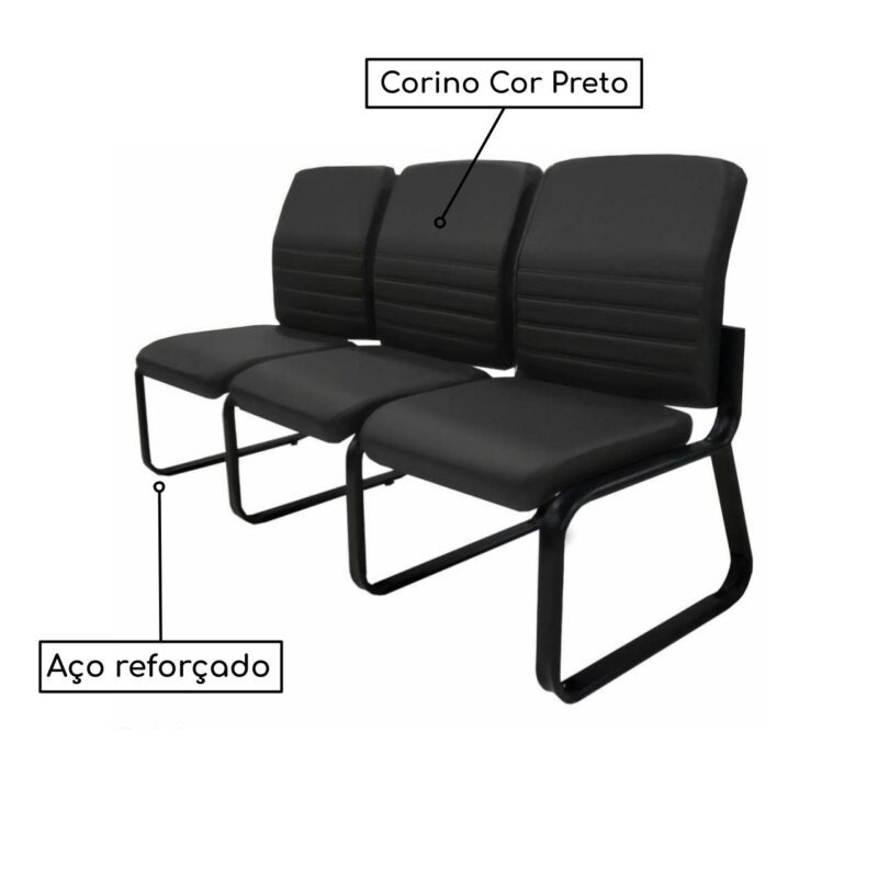 Sofanete para Escritório Estofada com 03 Lugares ESTOFADA – LYON – Cor Preto – 33121 META Móveis para Escritório em Anápolis Longarinas 3