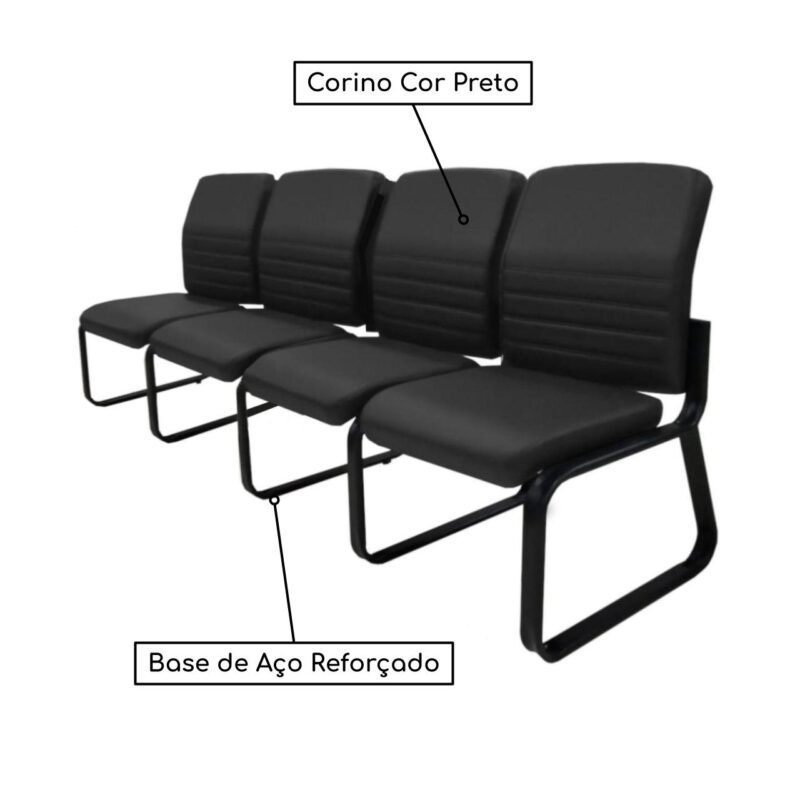 Sofanete para Escritório Estofada com 04 Lugares ESTOFADA – LYON – Cor Preto – 33122 META Móveis para Escritório em Anápolis Longarinas 4