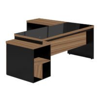 Mesa para Escritório em “L” com VIDRO FUMÊ – 1,92X1,60M NOGAL SEVILHA/PRETO – 21407 META Móveis para Escritório em Anápolis Linha 40 mm