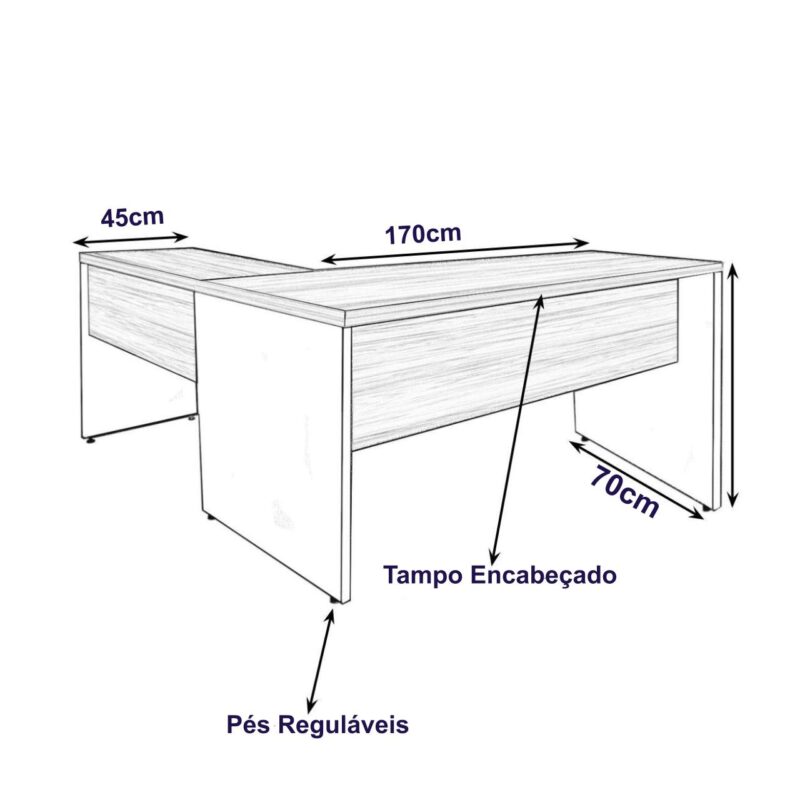 Mesa Escritório em L Mesa 1,70m + Mesa Auxiliar 02 Gavetas Nogal Sevilha / Preto 21479 META Móveis para Escritório em Anápolis Linha 40 mm 3