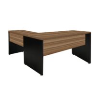 Mesa de Escritório em L (Mesa 1,50m + Mesa Auxiliar) – Sem Gavetas NOGAL SEVILHA/PRETO – 21476 META Móveis para Escritório em Anápolis Linha 40 mm