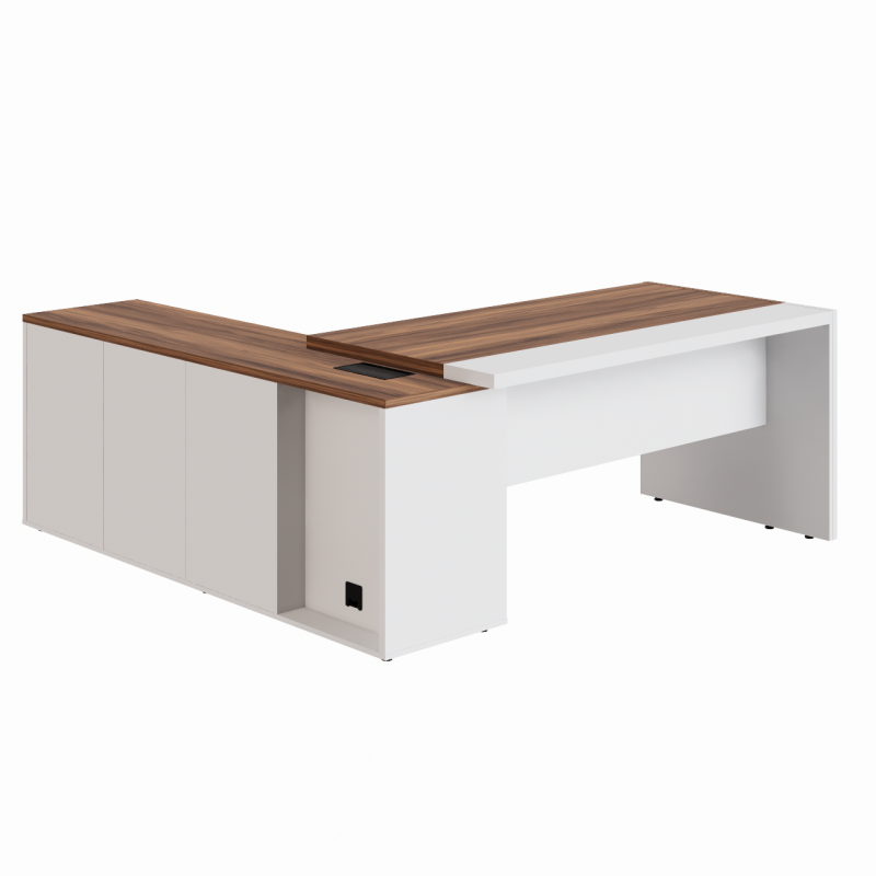 Mesa Escritório PRESIDENTE c/ Armário Pedestal – 1,82×1,80m – NOGAL SEVILHA/BRANCO – 34602 META Móveis para Escritório em Anápolis Linha 40 mm Nogal – Branco 2