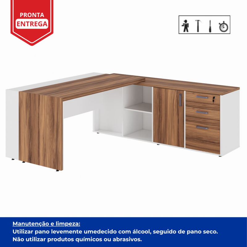 Mesa Escritório PRESIDENTE c/ Armário Pedestal – 1,82×1,80m – NOGAL SEVILHA/BRANCO – 34602 META Móveis para Escritório em Anápolis Linha 40 mm Nogal – Branco 4