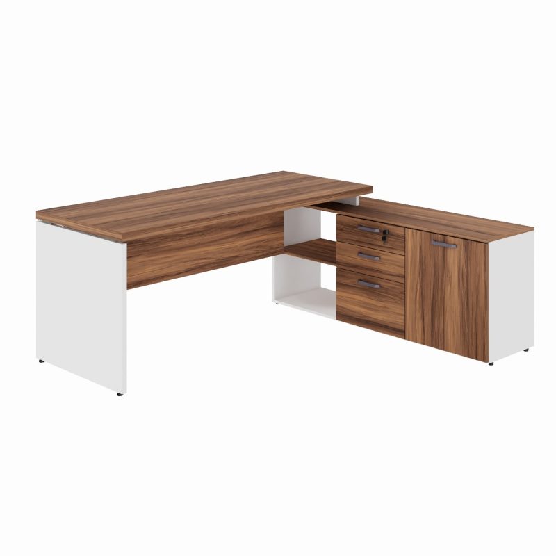 Mesa Diretorzinha c/ Aparador – Pé de MADEIRA – 1,90×1,50m – NOGAL SEVILHA / BRANCO – 34426 META Móveis para Escritório em Anápolis Linha 40 mm Nogal – Branco 3