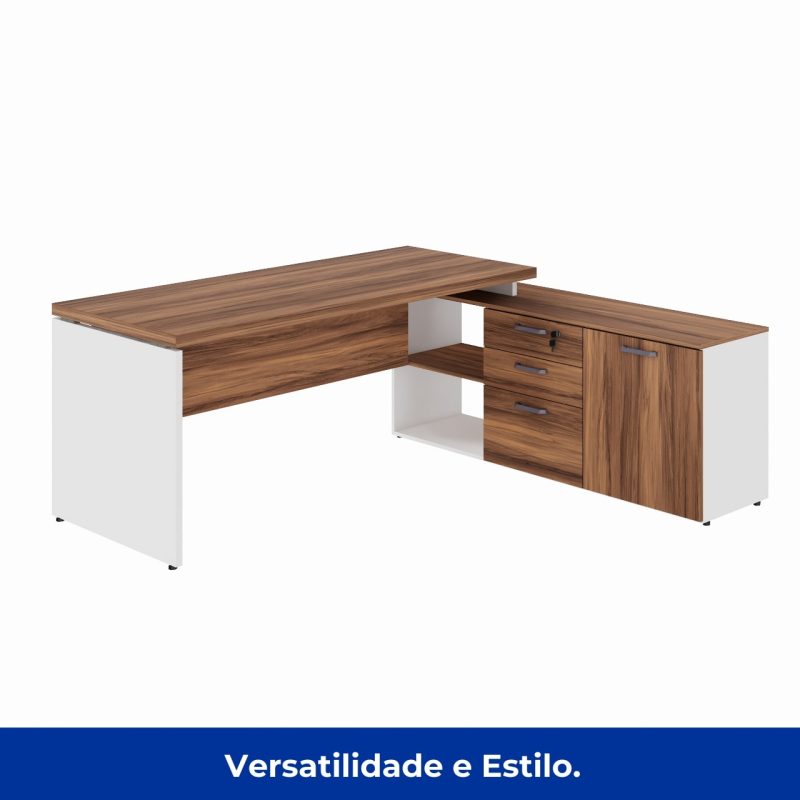 Mesa Diretorzinha c/ Aparador – Pé de MADEIRA – 1,90×1,50m – NOGAL SEVILHA / BRANCO – 34426 META Móveis para Escritório em Anápolis Linha 40 mm Nogal – Branco 4