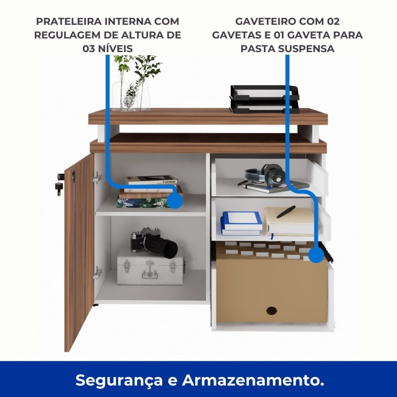Armário Baixo 03 Gavetas e Porta (MISTO) – NOGAL SEVILHA/BRANCO – 34422 META Móveis para Escritório em Anápolis Linha 40 mm Nogal – Branco 3