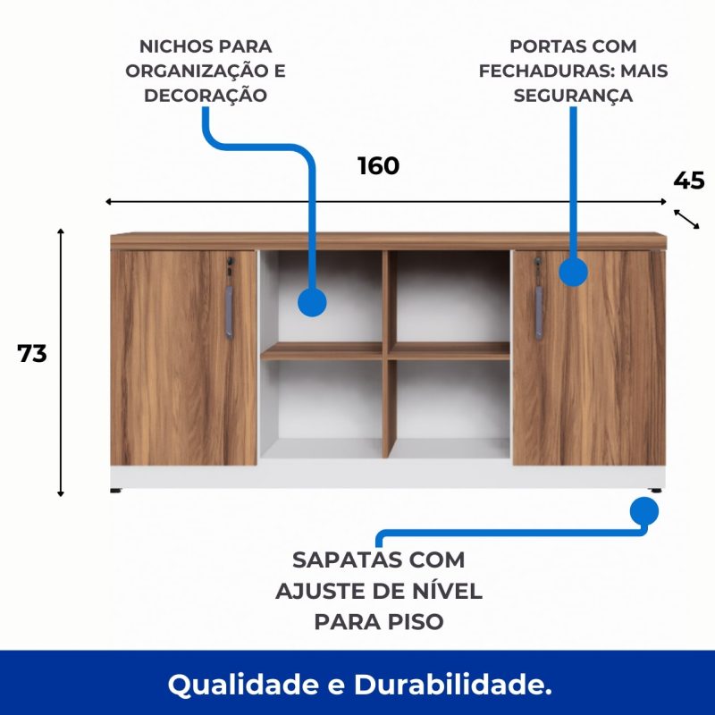 Armário Baixo GOLD Credenza ESPECIAL – 1,60×0,73×0,45m – NOGALSEVILHA / BRANCO – 34502 META Móveis para Escritório em Anápolis Linha 40 mm Nogal – Branco 4