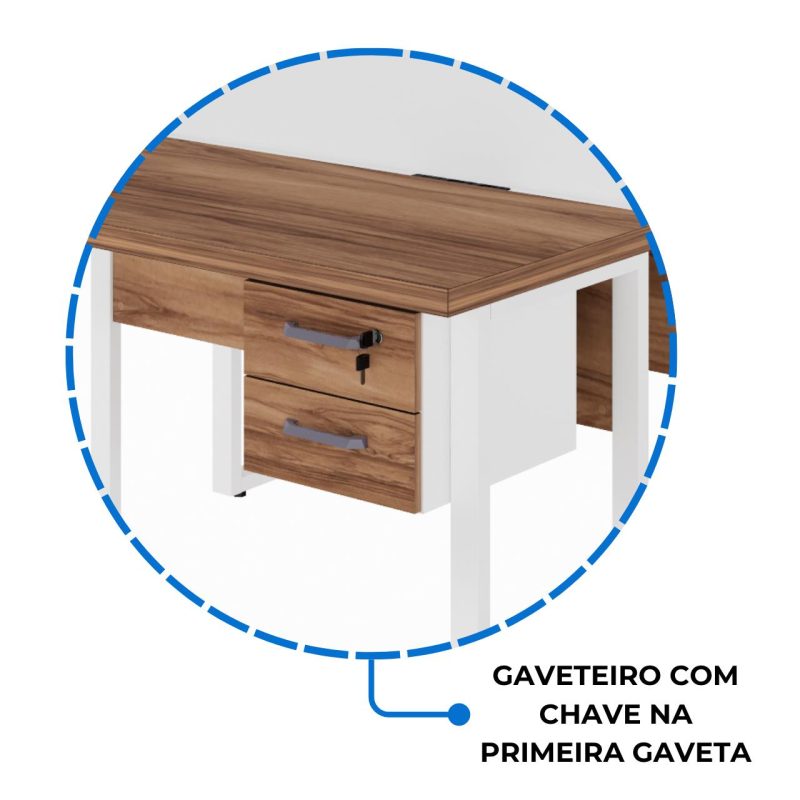 Estação de Trabalho Dupla 1,20×1,35m c/ 02 Gavetas c/ ponto de tomada PÉ QUADRO – Cor Nogal Sevilha/Branco – 34423 META Móveis para Escritório em Anápolis Linha 40 mm Nogal – Branco 9