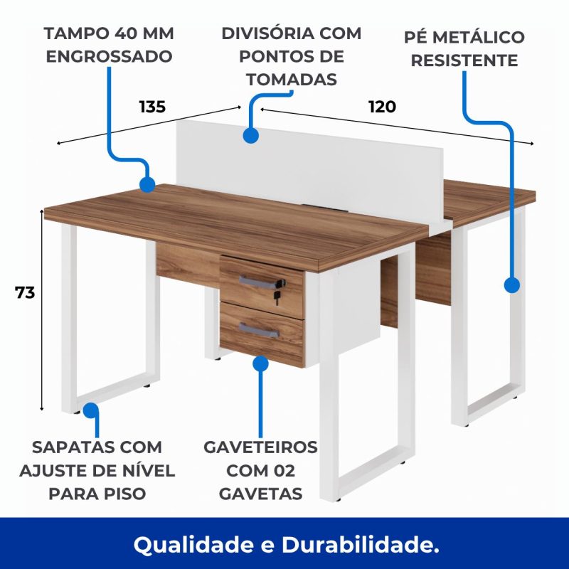 Estação de Trabalho Dupla 1,20×1,35m c/ 02 Gavetas c/ ponto de tomada PÉ QUADRO – Cor Nogal Sevilha/Branco – 34423 META Móveis para Escritório em Anápolis Linha 40 mm Nogal – Branco 7