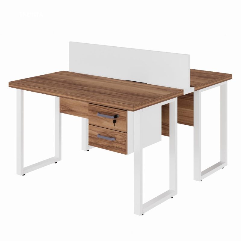 Estação de Trabalho Dupla 1,20×1,35m c/ 02 Gavetas c/ ponto de tomada PÉ QUADRO – Cor Nogal Sevilha/Branco – 34423 META Móveis para Escritório em Anápolis Linha 40 mm Nogal – Branco 2