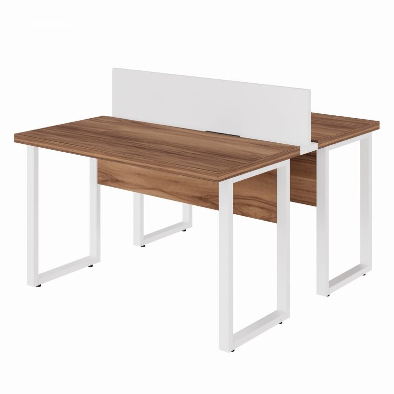 Estação de Trabalho Dupla 1,20×1,35m sem Gavetas c/ ponto de tomada PÉ QUADRO – Cor Nogal Sevilha/Branco – 34424 META Móveis para Escritório em Anápolis Linha 40 mm Nogal – Branco 2