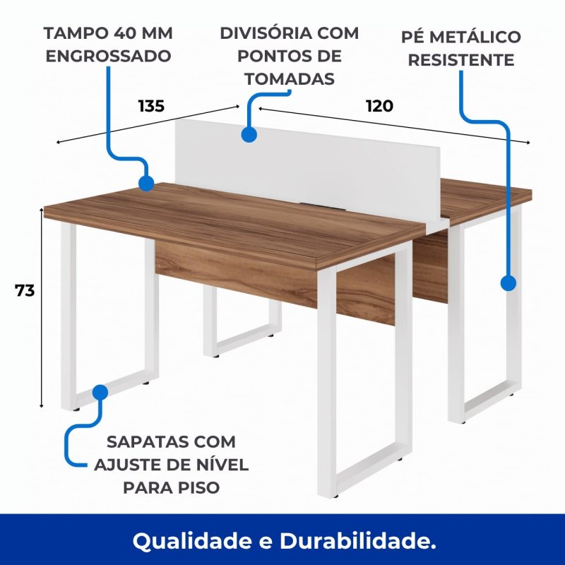 Estação de Trabalho Dupla 1,20×1,35m sem Gavetas c/ ponto de tomada PÉ QUADRO – Cor Nogal Sevilha/Branco – 34424 META Móveis para Escritório em Anápolis Linha 40 mm Nogal – Branco 4