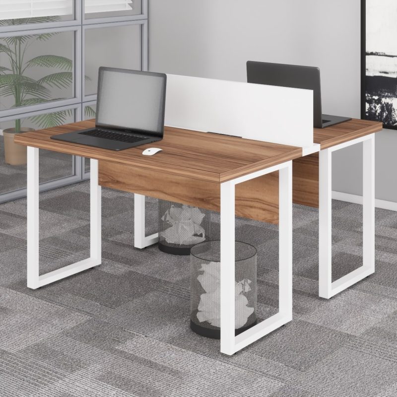 Estação de Trabalho Dupla 1,20×1,35m sem Gavetas c/ ponto de tomada PÉ QUADRO – Cor Nogal Sevilha/Branco – 34424 META Móveis para Escritório em Anápolis Linha 40 mm Nogal – Branco 9