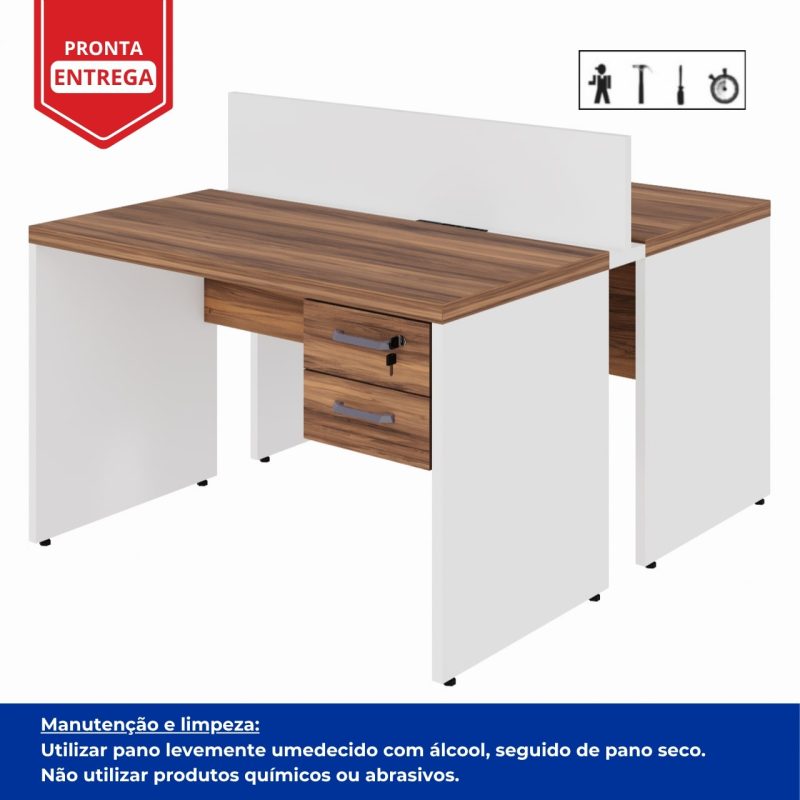Estação de Trabalho Dupla 1,20×1,35m 02 Lugares c/ Gavetas c/ ponto de tomada PÉ PAINEL – Nogal Sevilha/Branco – 34427 META Móveis para Escritório em Anápolis Linha 40 mm Nogal – Branco 4