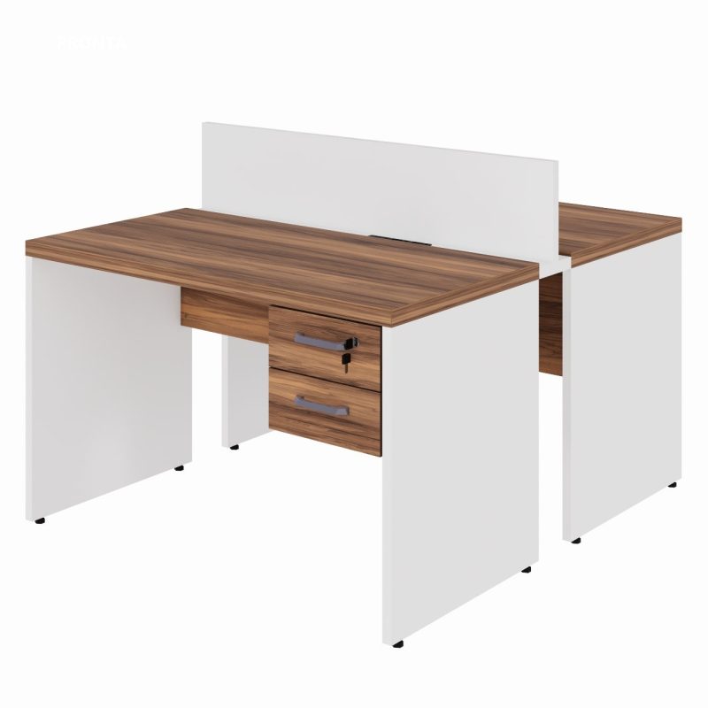 Estação de Trabalho Dupla 1,20×1,35m 02 Lugares c/ Gavetas c/ ponto de tomada PÉ PAINEL – Nogal Sevilha/Branco – 34427 META Móveis para Escritório em Anápolis Linha 40 mm Nogal – Branco 2