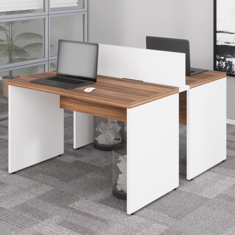 Estação de Trabalho Dupla 1,20×1,35m 02 Lugares sem Gavetas c/ ponto de tomada PÉ PAINEL – Nogal Sevilha/Branco – 34428 META Móveis para Escritório em Anápolis Linha 40 mm Nogal – Branco 4