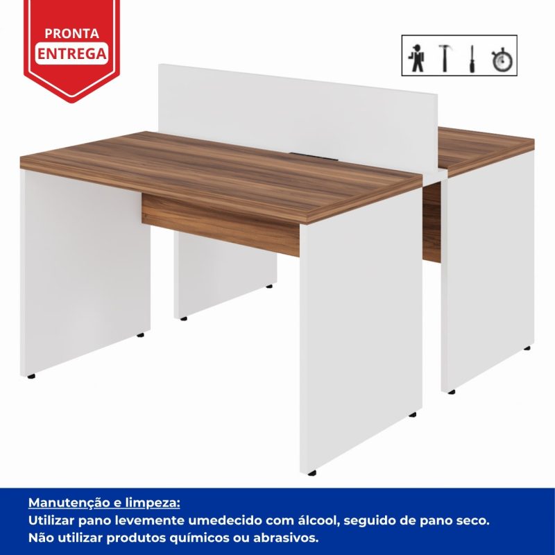 Estação de Trabalho Dupla 1,20×1,35m 02 Lugares sem Gavetas c/ ponto de tomada PÉ PAINEL – Nogal Sevilha/Branco – 34428 META Móveis para Escritório em Anápolis Linha 40 mm Nogal – Branco 8