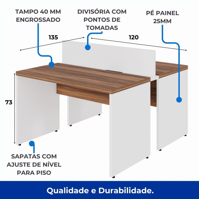 Estação de Trabalho Dupla 1,20×1,35m 02 Lugares sem Gavetas c/ ponto de tomada PÉ PAINEL – Nogal Sevilha/Branco – 34428 META Móveis para Escritório em Anápolis Linha 40 mm Nogal – Branco 9
