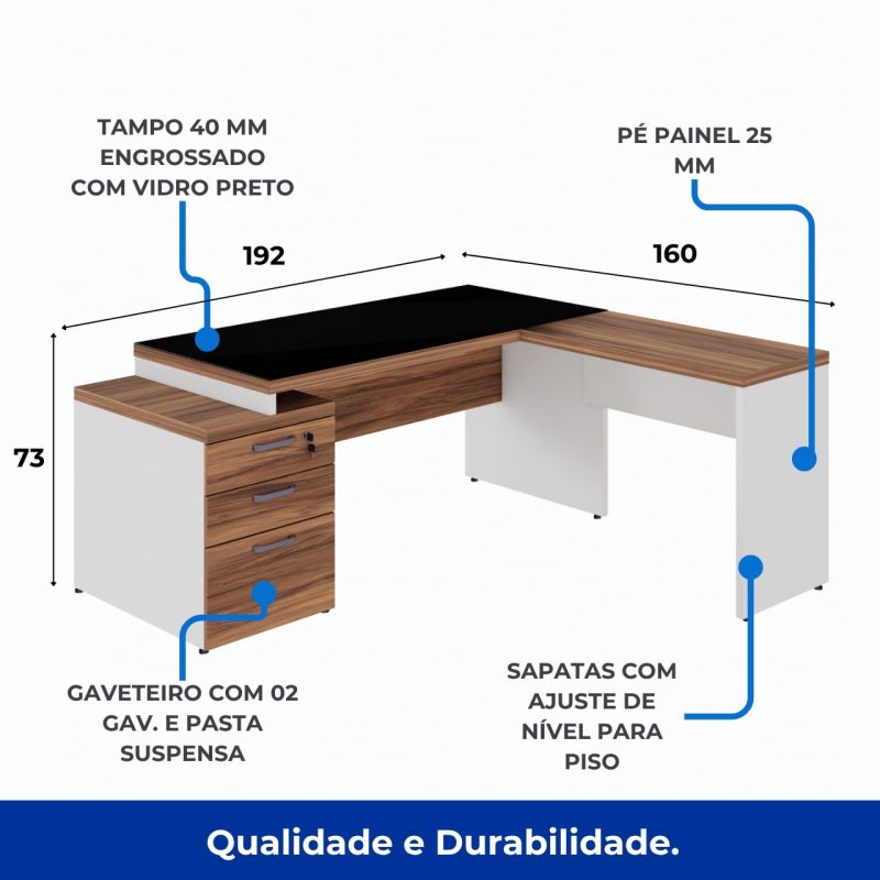 Mesa para Escritório em “L” com VIDRO FUMÊ – 1,92X1,60M NOGAL SEVILHA/BRANCO – 34432 META Móveis para Escritório em Anápolis Linha 40 mm Nogal – Branco 3