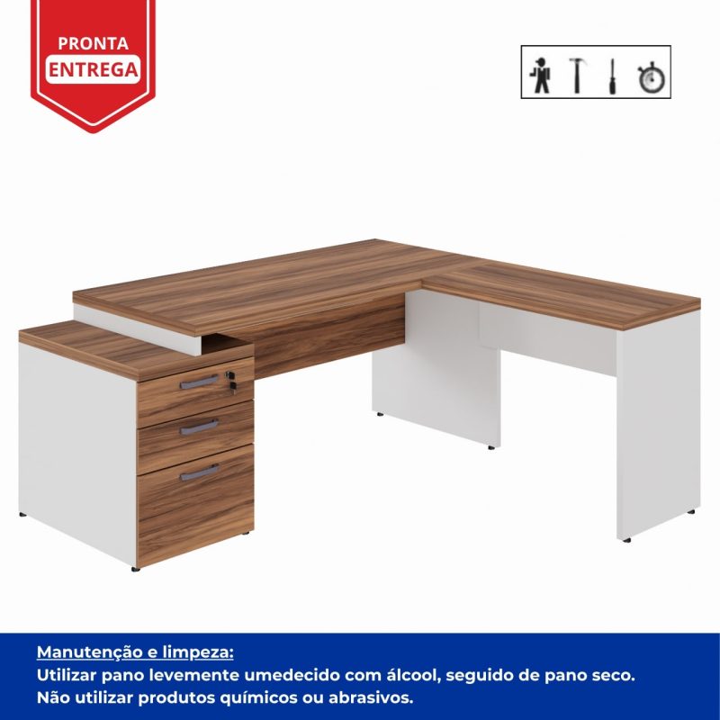 Mesa para Escritório em “L” com Gavetão – 1,92X1,60m -NOGAL SEVILHA/BRANCO – 34431 META Móveis para Escritório em Anápolis Linha 40 mm Nogal – Branco 4