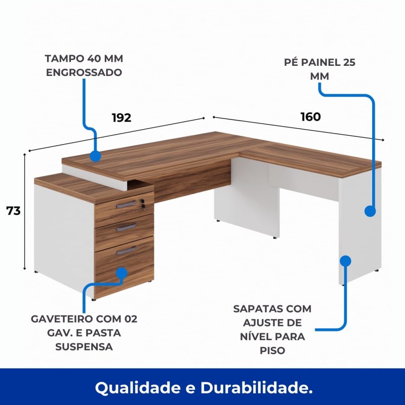 Mesa para Escritório em “L” com Gavetão – 1,92X1,60m -NOGAL SEVILHA/BRANCO – 34431 META Móveis para Escritório em Anápolis Linha 40 mm Nogal – Branco 3