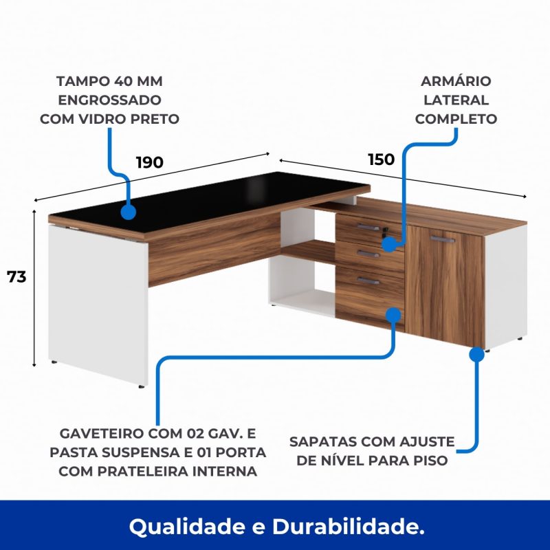 Mesa Diretorzinha c/ Aparador e Vidro Fumê – Pé de MADEIRA – 1,90×1,50m – NOGAL SEVILHA / BRANCO – 34429 META Móveis para Escritório em Anápolis Linha 40 mm Nogal – Branco 3
