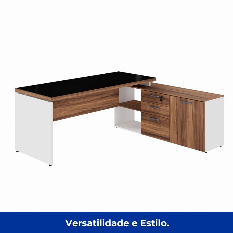 Mesa Diretorzinha c/ Aparador e Vidro Fumê – Pé de MADEIRA – 1,90×1,50m – NOGAL SEVILHA / BRANCO – 34429 META Móveis para Escritório em Anápolis Linha 40 mm Nogal – Branco 7