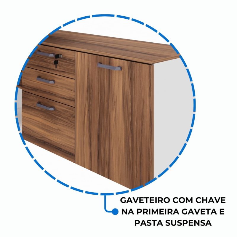 Mesa Diretorzinha c/ Aparador e Vidro Fumê – Pé de MADEIRA – 1,90×1,50m – NOGAL SEVILHA / BRANCO – 34429 META Móveis para Escritório em Anápolis Linha 40 mm Nogal – Branco 9