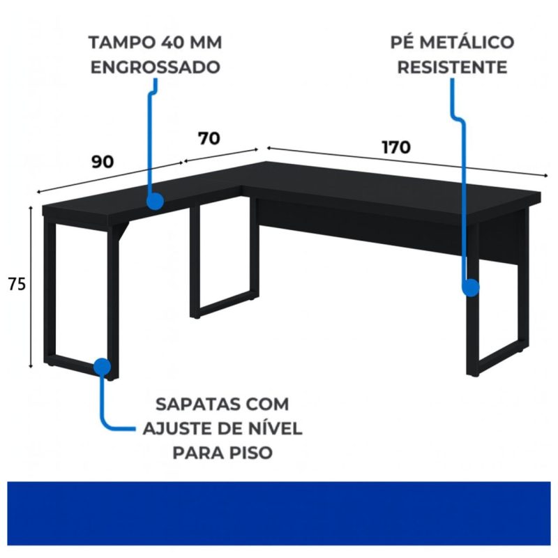 Mesa em L PÉ QUADRO (1,70×0,70m + Mesa Auxiliar) – S/ Gavetas – PRETO / PRETO – 26011 META Móveis para Escritório em Anápolis Linha 40mm Preto / Preto 6