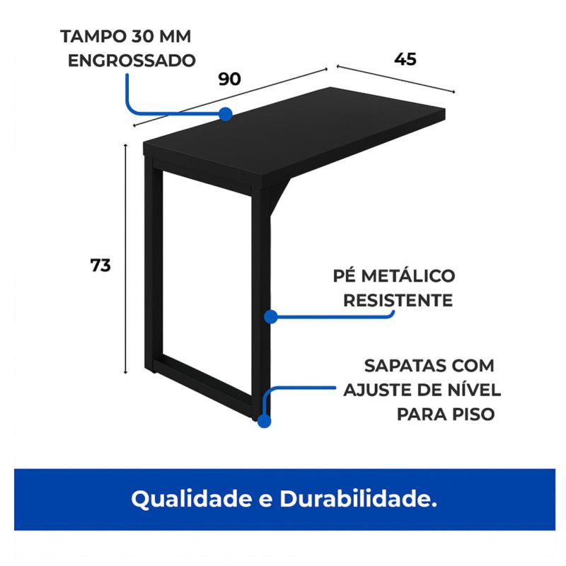 Mesa em L PÉ QUADRO (1,70×0,70m + Mesa Auxiliar) – S/ Gavetas – PRETO / PRETO – 26011 META Móveis para Escritório em Anápolis Linha 40mm Preto / Preto 8