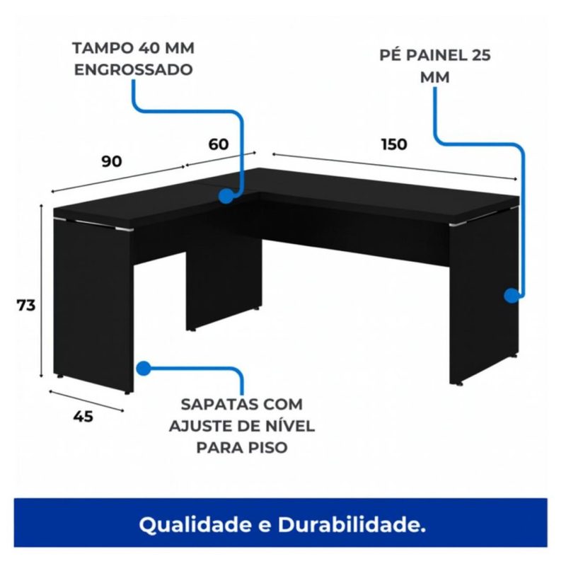 Mesa em L PÉ PAINEL (1,50×0,60m + Mesa Auxiliar) – S/ Gavetas – PRETO / PRETO – 26012 META Móveis para Escritório em Anápolis Linha 40mm Preto / Preto 6
