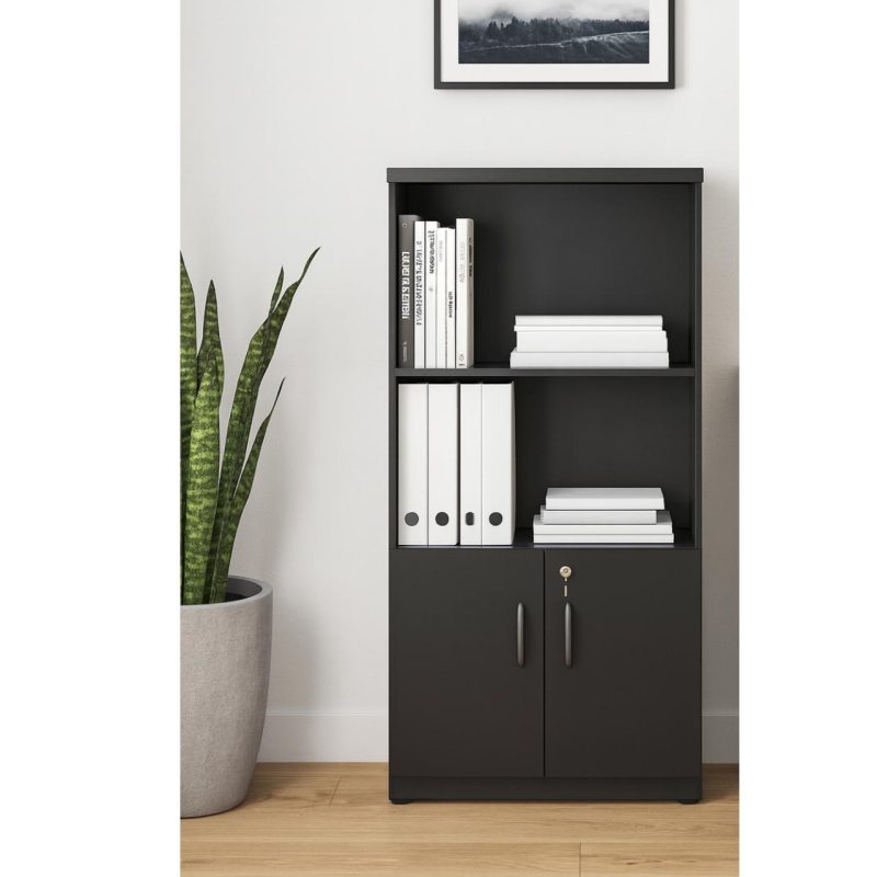 Armário Alto com Portas Inferiores e Prateleiras Abertas – MDP Preto – 26033 META Móveis para Escritório em Anápolis Linha 40mm Preto / Preto 8