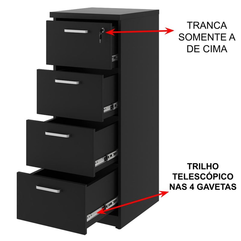 Arquivo de Madeira para Pasta Suspensa com 4 Gavetas – MDP PRETO – 26035 META Móveis para Escritório em Anápolis Linha 40mm Preto / Preto 4